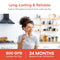 A smiling woman stands in a bright kitchen holding a glass of water. Text above her reads “Long-Lasting & Reliable” with details: SIMPL Reverse Osmosis Membrane 800GPD - TROM800STD—replace every 24 months for fresh, pure water.