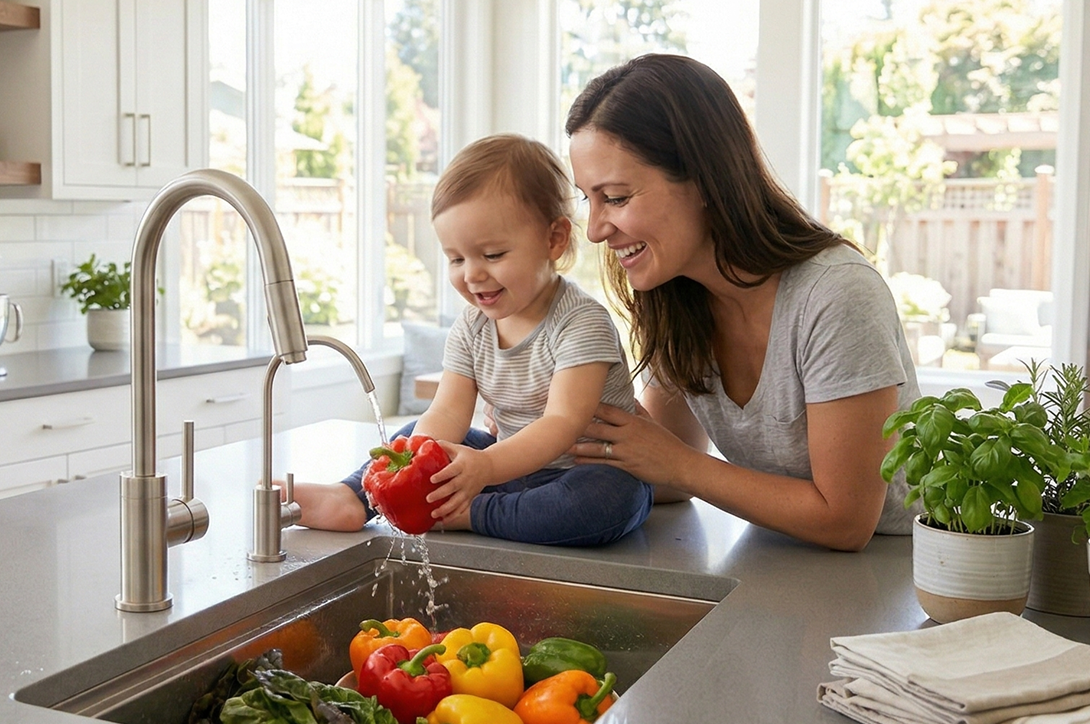 Mother and young child washing fresh vegetables at a kitchen sink with running water, highlighting clean, safe water supported by Brio 2- and 3-Stage Undersink Filtration Systems.