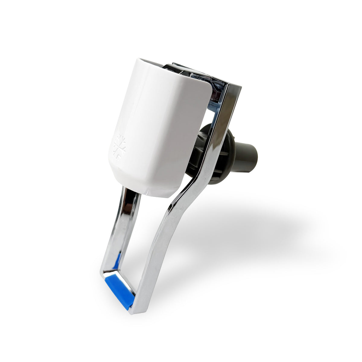 A white and silver lever-style 300 Series Dispenser Paddle White with a blue accent, designed for refrigerators, casts a soft shadow on a white background.
