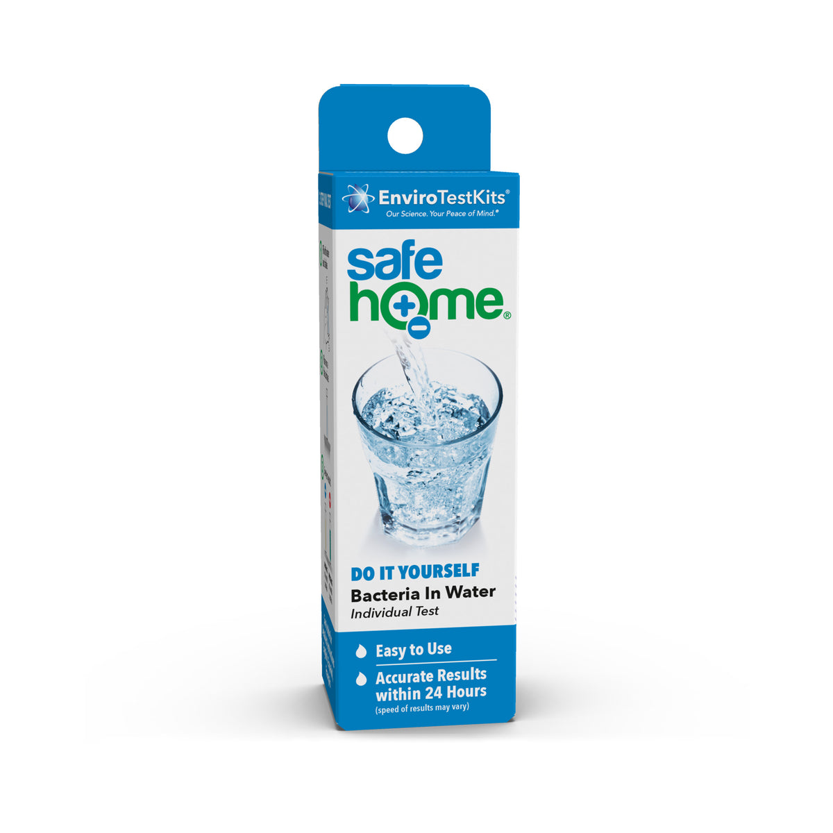A box of Safe Home Bacteria in Drinking Water Test Kit with blue branding and a glass of water, offering easy testing and accurate E. coli and Coliform bacteria results in 24 hours.