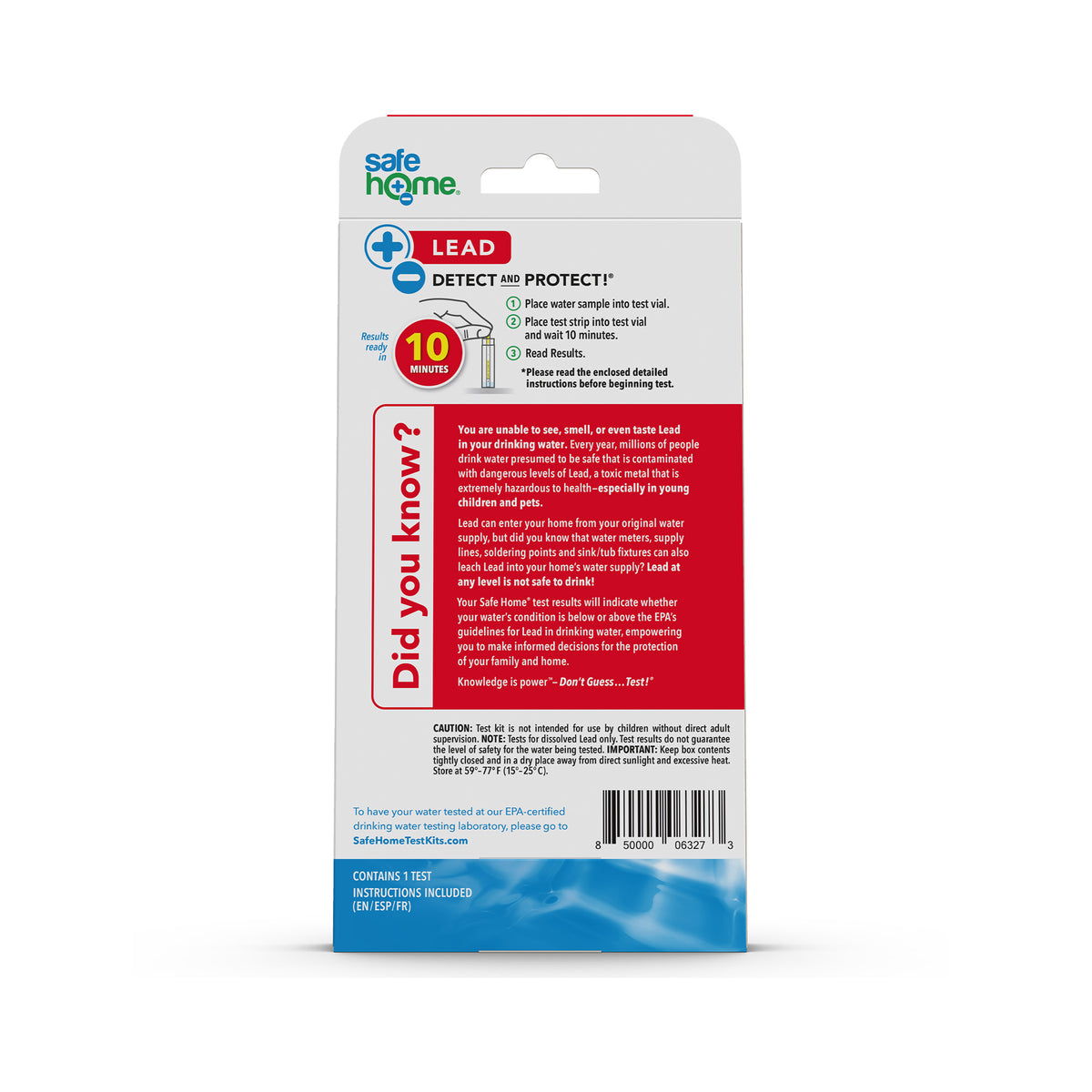 The Safe Home Lead in Drinking Water Test Kit package highlights fast 10-minute results, easy instructions, and a red "Did you know?" box with information about lead exposure risks.