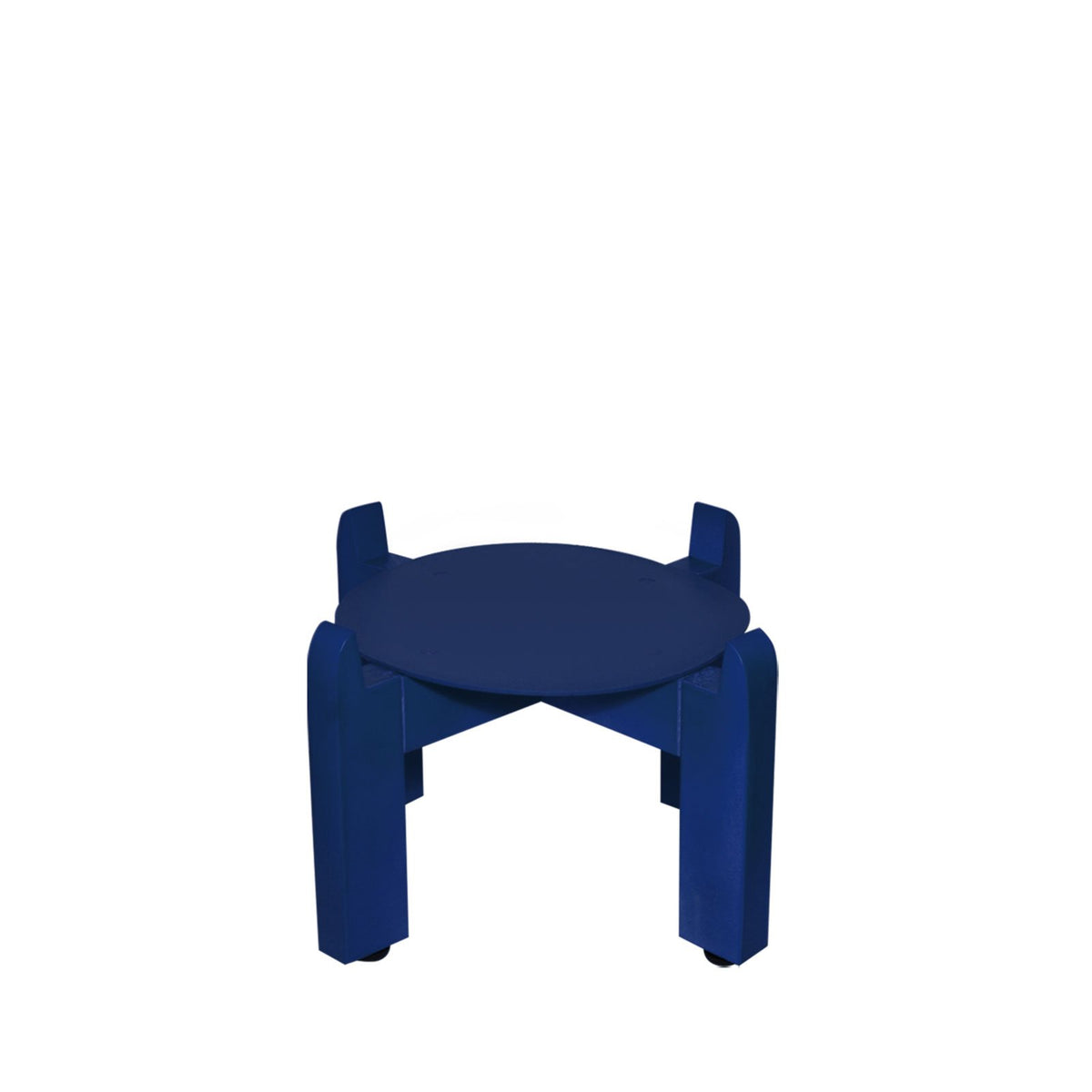 A compact, round stand in blue from the Crock Water Dispenser Wood Stand 8″ collection, featuring four sturdy solid wood legs and a sleek, space-saving modern design, showcased against a plain white background.