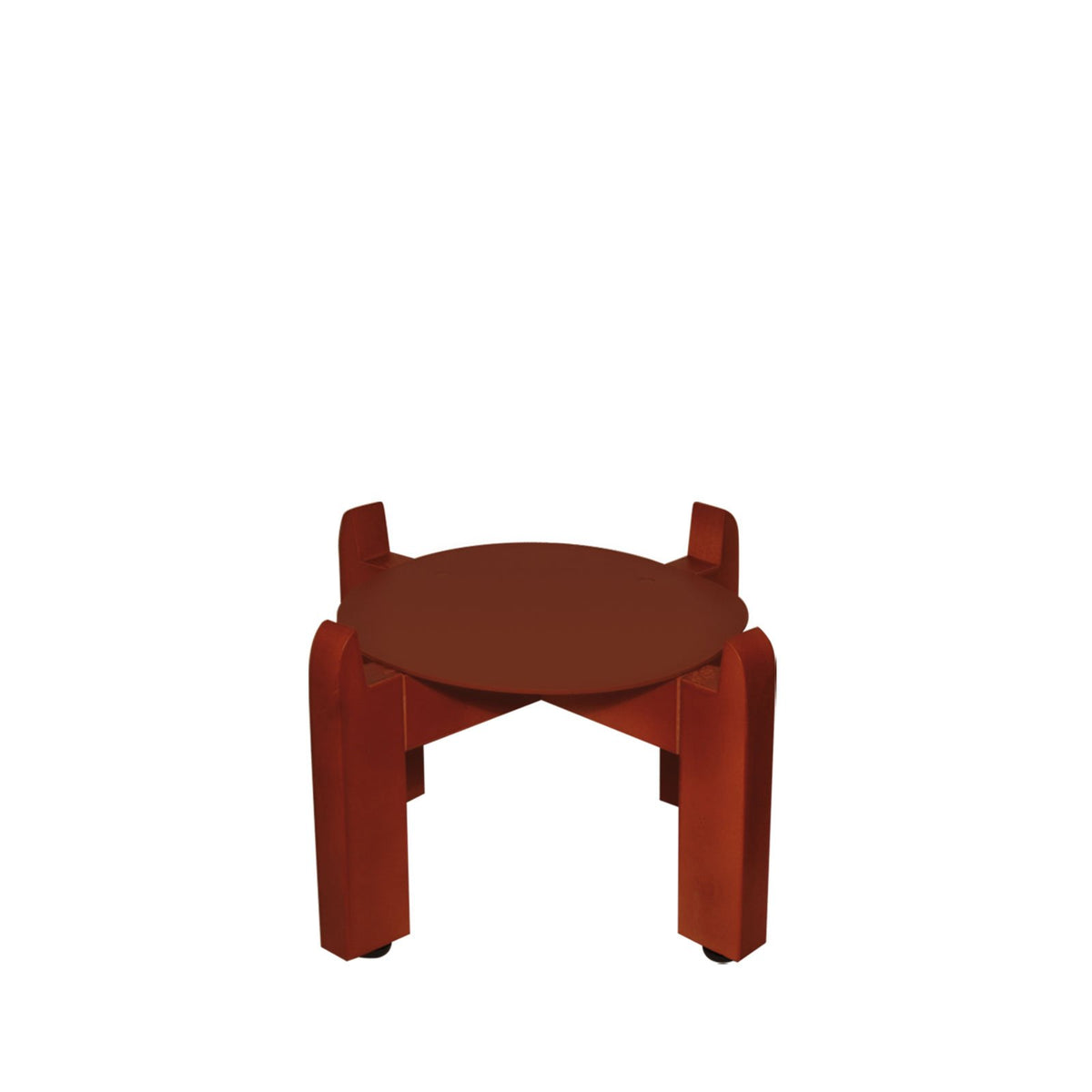 A compact, modern Crock Water Dispenser Wood Stand (8″) in a reddish-brown finish, featuring four sturdy, curved legs and a round flat top, is displayed against a plain white background. Its space-saving design makes it an ideal addition to any room.