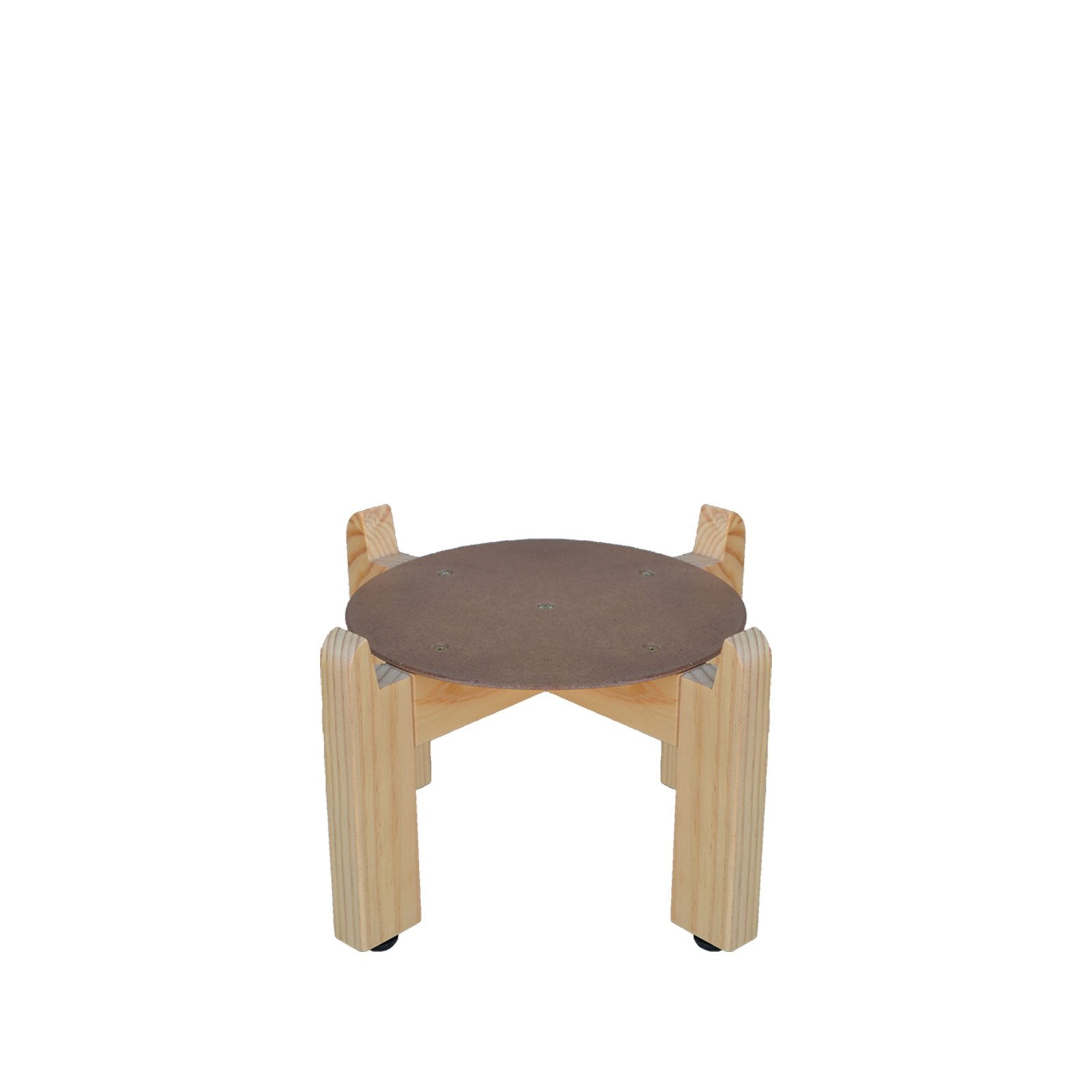 The Crock Water Dispenser Wood Stand 8" features a compact, space-saving design with four light legs and a round, dark brown seat. Isolated on a white background. Assorted colors available.