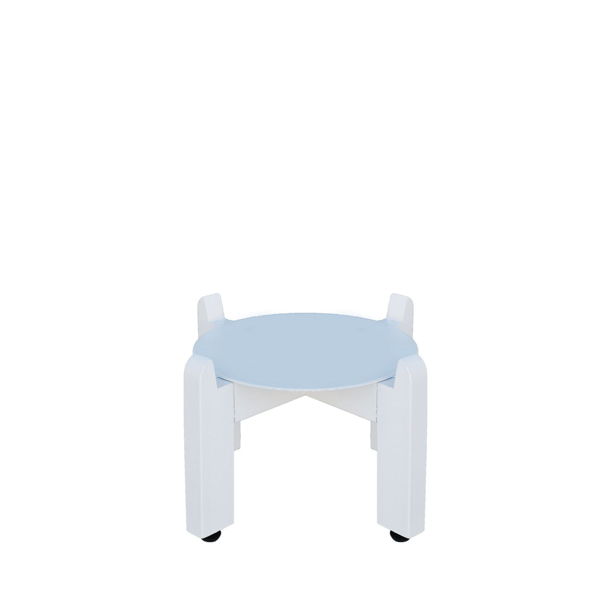 A compact, round crock water dispenser wood stand in light blue with four short white legs and a minimalist, space-saving design—ideal as a countertop organizer—displayed on a white background.