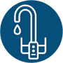 A blue circular icon with a white line drawing of a faucet and a single dripping water droplet, representing the product includes a smart faucet.