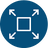 A circular blue icon with a white square in the center and four white arrows pointing outward from the corners, on a black background indicating the product has a space saving design.