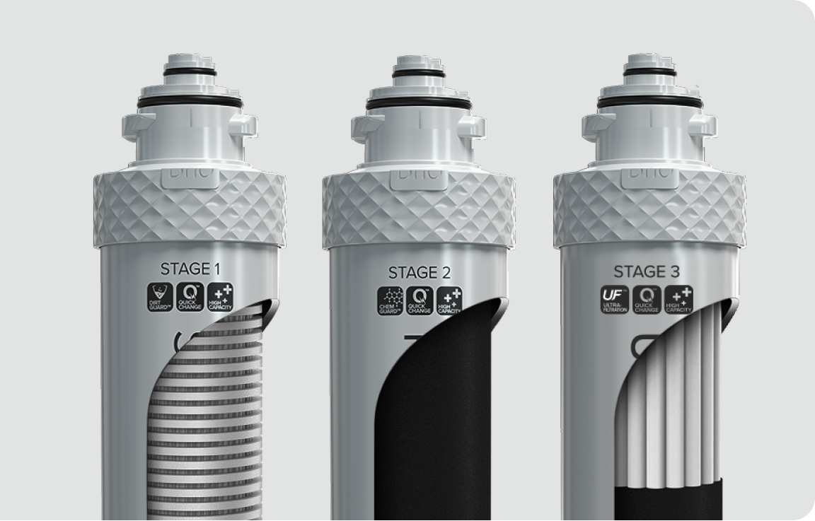 Three cylindrical filter cartridges labeled Stage 1, Stage 2, and Stage 3, each with textured tops and partial cutaways showing different internal filtration materials and icons indicating their functions.