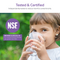 A young child drinks water from a clear glass outdoors. Text highlights NSF certification for water quality, emphasizing reduction of harmful contaminants and over 90% chlorine removal, thanks to the advanced Tankless RO Under Sink Filtration System 1000GPD - AQUUS Series.