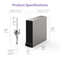 Illustration of the Tankless RO Under Sink Filtration System 1000GPD - AQUUS Series and faucet, labeled with height, width, and depth measurements in inches and centimeters as well as designated connection points for filtered water, purified water, water inlet, and wastewater. This diagram emphasizes the compact design and efficient layout of the modern AQUUS Series water purification system.