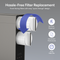 A close-up of the Tankless RO Under Sink Filtration System 1200GPD - AQUUS Series shows two cylindrical front-facing filters, with blue arrows illustrating easy replacement—providing no-tools-needed, convenient front access and long filter life, just like other advanced under-sink filtration systems.