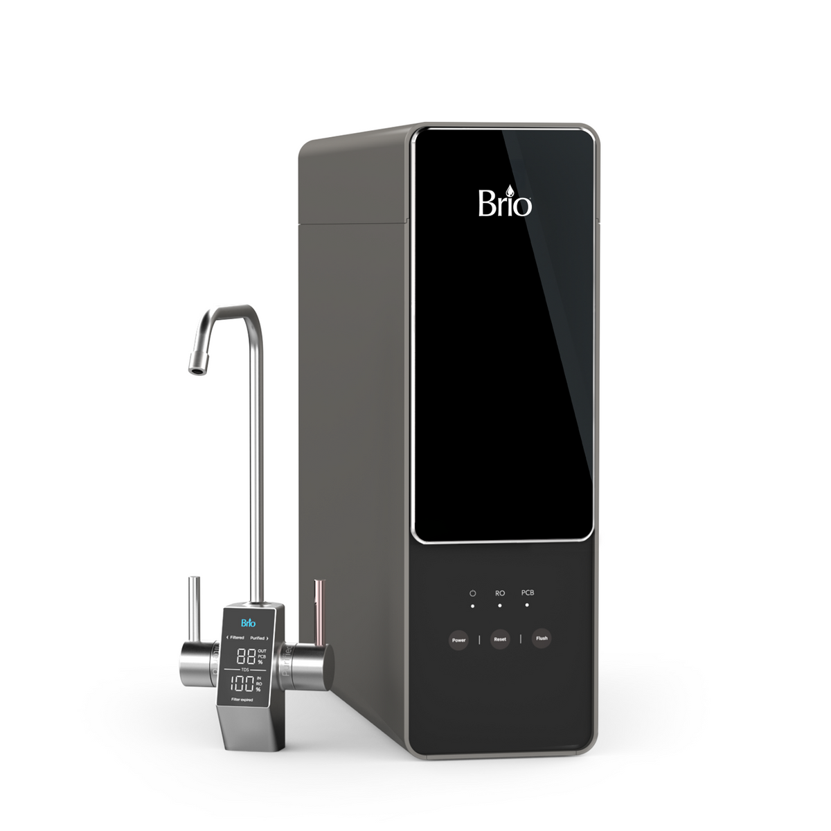 The AQUUS Series Tankless RO Under Sink Filtration System 600GPD features a modern black design with a digital faucet that displays water temperature and settings, complemented by a sleek rectangular main unit equipped with buttons and indicator lights. This advanced system provides powerful under sink filtration through reverse osmosis technology.
