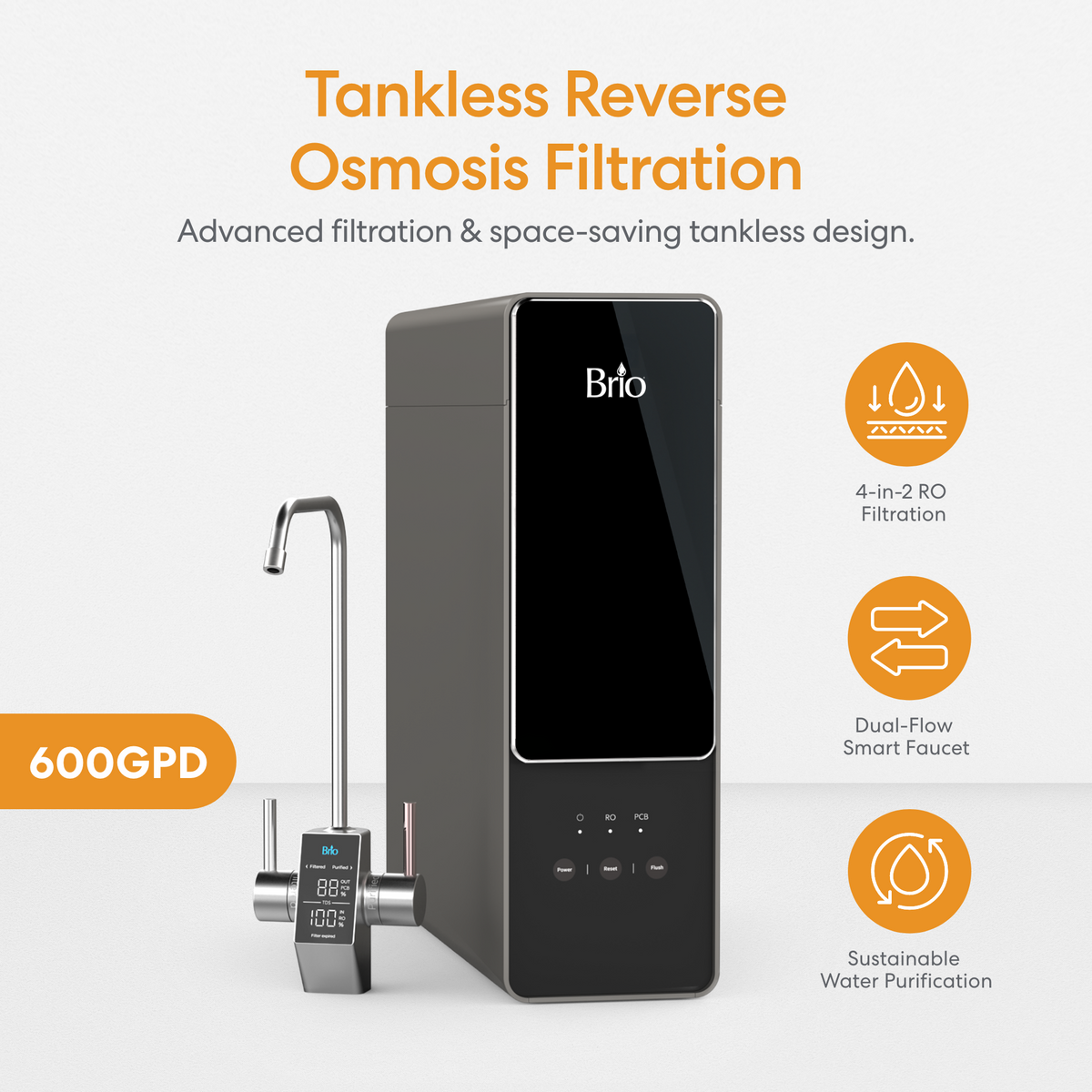 Introducing the AQUUS Series Tankless RO Under Sink Filtration System 600GPD—a sleek black water purifier designed for modern kitchens. This advanced reverse osmosis solution features a digital smart faucet with dual-flow capability, a high-efficiency 4-in-2 filtration system, and delivers a sustainable purification process at an impressive 600 gallons per day (GPD). Perfect for under-sink installation, it seamlessly combines clean water performance with contemporary style.