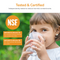 A young girl drinks water from a glass, filtered with the Tankless RO Under Sink Filtration System 600GPD - AQUUS Series. Text highlights NSF/ANSI certifications and removal rates of over 90% for chlorine and TDS. The background is green, with the NSF logo displayed on the left.