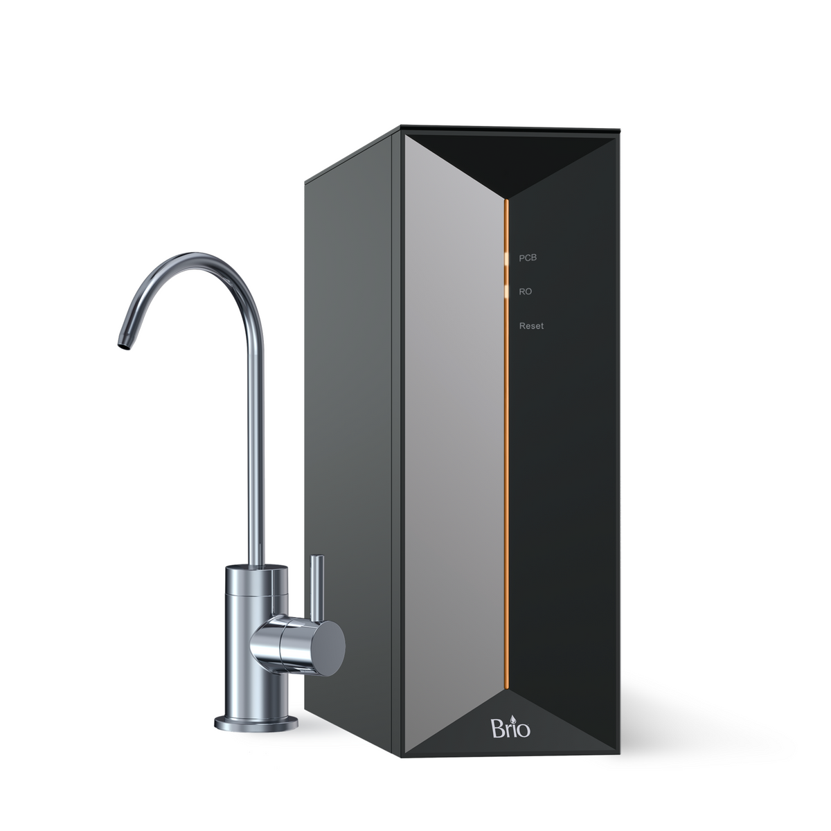A modern black Brio Tankless RO Under Sink Filtration System 600GPD - PRISM Series with a sleek rectangular design stands next to a curved silver faucet. This advanced unit features reverse osmosis filtration and displays indicator lights labeled PCB, RO, and Reset on the front panel, with the brand name Brio positioned at the bottom.