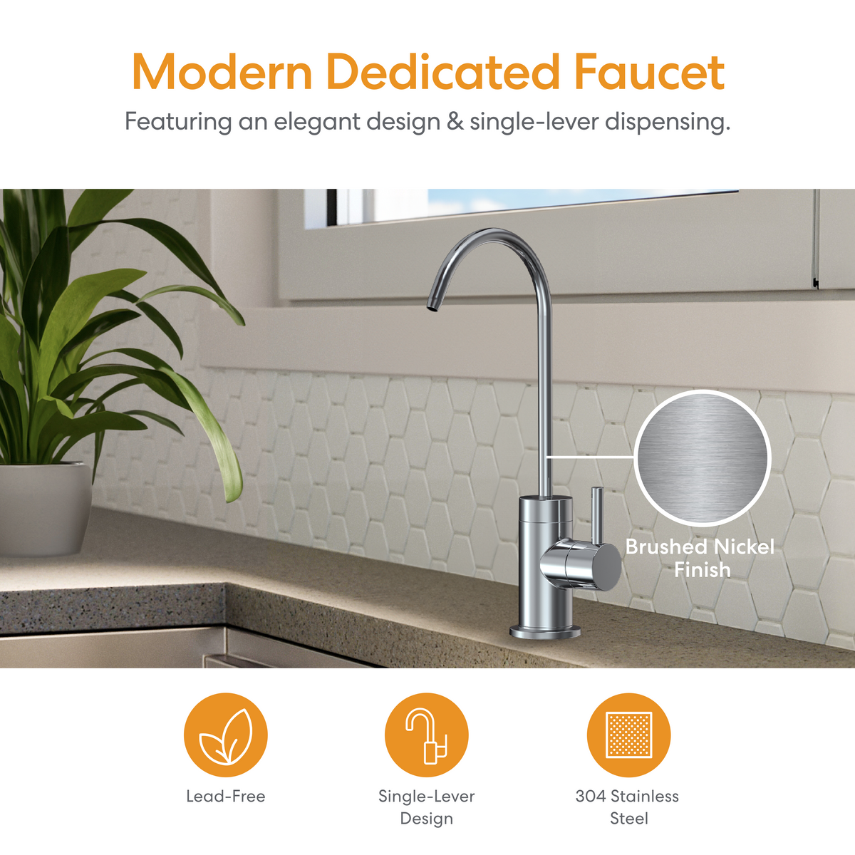 A sleek brushed nickel faucet with a single lever complements the kitchen countertop, which is adorned with a plant and eye-catching hexagonal tile backsplash. The PRISM Series Tankless RO Under Sink Filtration System 600GPD pairs perfectly with this setup, offering both style and superior water purification for homes using reverse osmosis filtration. Feature icons showcase its lead-free construction, single-lever design, and durable 304 stainless steel build.