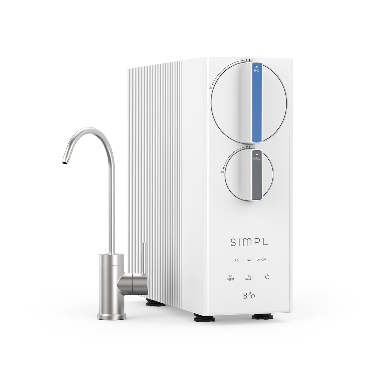 A modern white under sink water filtration system from the SIMPL Series, this Tankless Reverse Osmosis (RO) unit features a textured side, two circular dials—including a top dial with a blue accent—and a sleek metal faucet. With advanced tankless RO technology, it delivers up to 400 gallons of fresh, clean water per day.