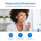 A smiling woman enjoys a glass of water, with text highlighting responsible refreshment: less plastic waste, healthier living, and cost savings. Featuring the Tankless Reverse Osmosis (RO) Under Sink Filtration System 400GPD - SIMPL Series—an advanced under-sink solution delivering up to 400 gallons per day—icons show savings compared to bottled water, reduced single-use plastic consumption, and support for a healthier lifestyle.