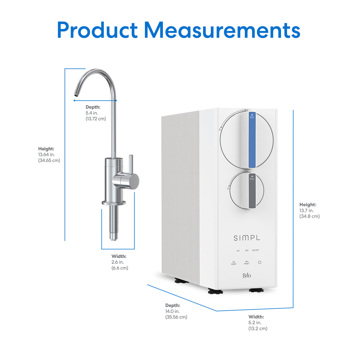 Product Measurements (in blue): The SIMPL Series Tankless Reverse Osmosis (RO) Under Sink Filtration System 400GPD measures 13.7 inches tall, 14 inches deep, and 5.2 inches wide, delivering up to 400 gallons per day. The included faucet is 13.6 inches tall, 5.4 inches deep, and 2.6 inches wide.