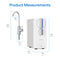 Product Measurements (in blue): The SIMPL Series Tankless Reverse Osmosis (RO) Under Sink Filtration System 400GPD measures 13.7 inches tall, 14 inches deep, and 5.2 inches wide, delivering up to 400 gallons per day. The included faucet is 13.6 inches tall, 5.4 inches deep, and 2.6 inches wide.