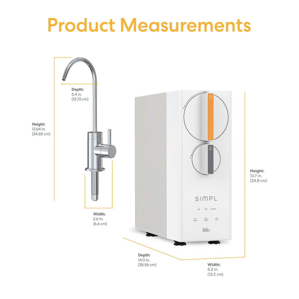 The Product Measurements section displays the Tankless Reverse Osmosis Under Sink Filtration System 600GPD - SIMPL Series alongside a coordinating faucet, with clearly labeled height, width, and depth dimensions for both units.