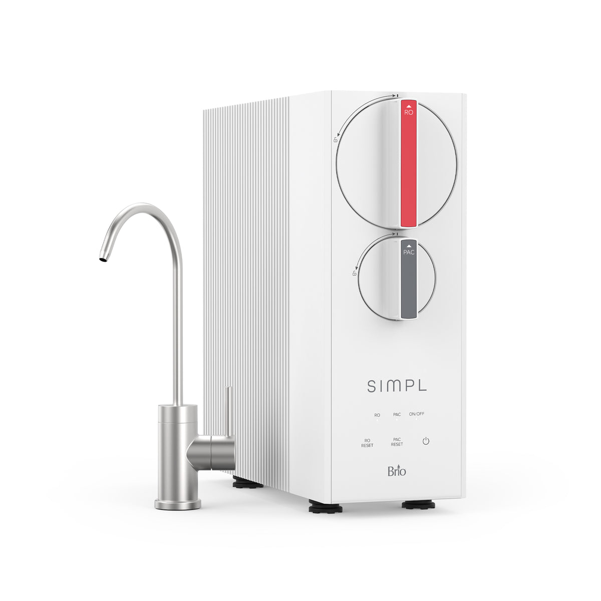 The white Brio SIMPL Series Tankless Reverse Osmosis Under Sink Filtration System 800GPD has a modern design, two large dials, indicator lights, small black feet, and a metal water faucet mounted on the side.