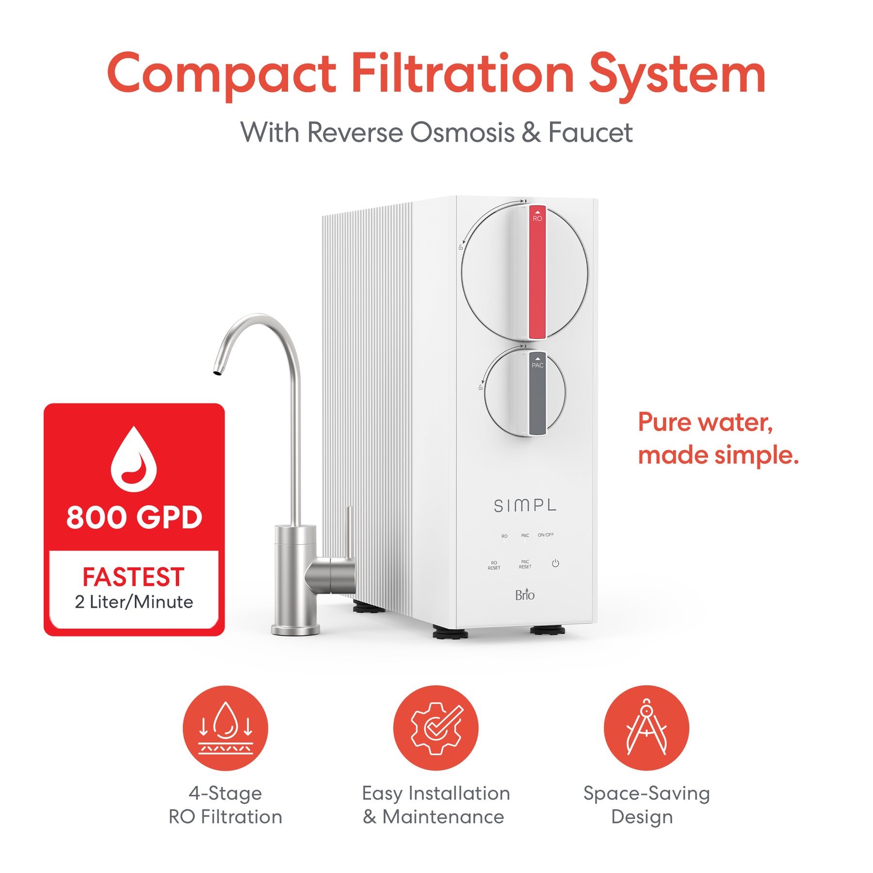 The Brio SIMPL Tankless RO Undersink Filtration System 800GPD is shown with a faucet. It features fast 2L/min flow, 4-stage tankless reverse osmosis, easy installation, and a space-saving design. Slogan: “Pure water, made simple.”.