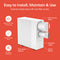 The white SIMPL Series Tankless Reverse Osmosis Under Sink Filtration System 800GPD features front-access filters, indicator lights, power and filter reset buttons, plus icons for easy under-sink maintenance on a red background.