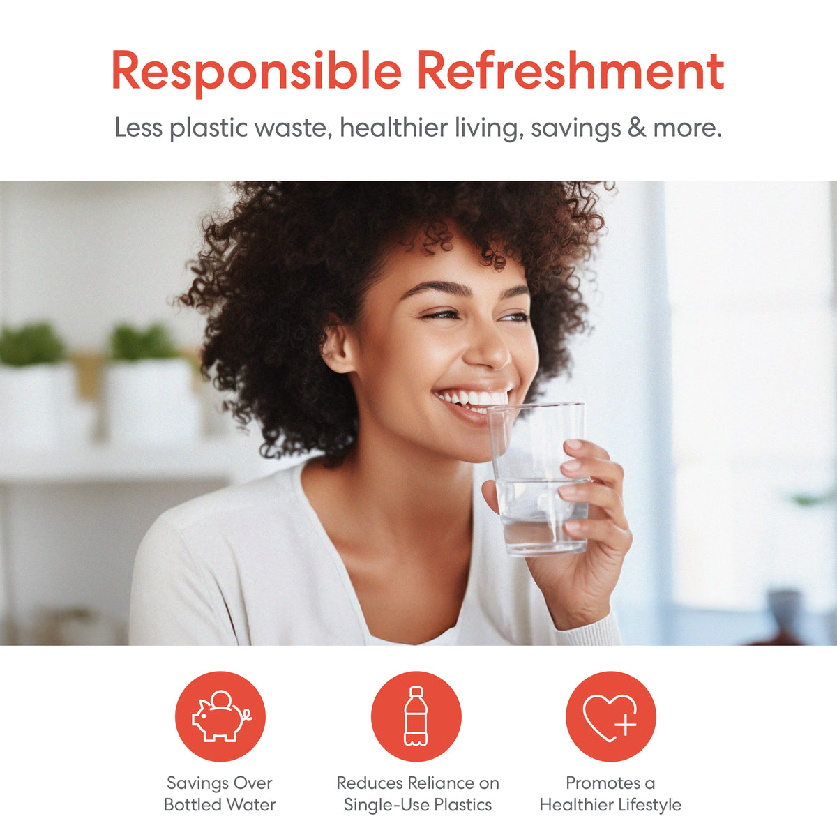A smiling person with curly hair enjoys water at home, thanks to the SIMPL Series Tankless Reverse Osmosis Under Sink Filtration System 800GPD. Text: Responsible Refreshment—less plastic waste, healthier living, savings. Icons show savings, wellness, and eco-friendliness.