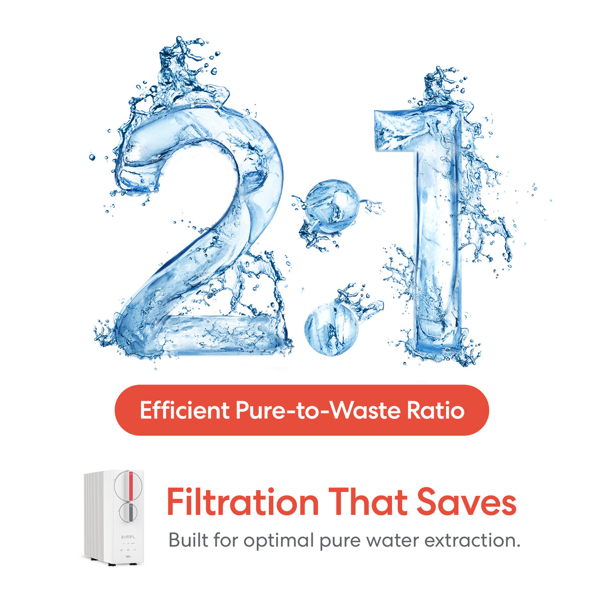 Image showing large water-splash numbers 2:1 with the text Efficient Pure-to-Waste Ratio – The SIMPL Series Tankless Reverse Osmosis Under Sink Filtration System 800GPD offers optimal pure water extraction, shown beside a compact filtration unit illustration.