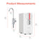 Image displaying measurements for the Tankless Reverse Osmosis Under Sink Filtration System 800GPD - SIMPL Series: faucet is 13.6" high, 5.4" deep, 2.6" wide; filtration unit is 13.7" high, 14.0" deep and delivers up to 800 GPD.