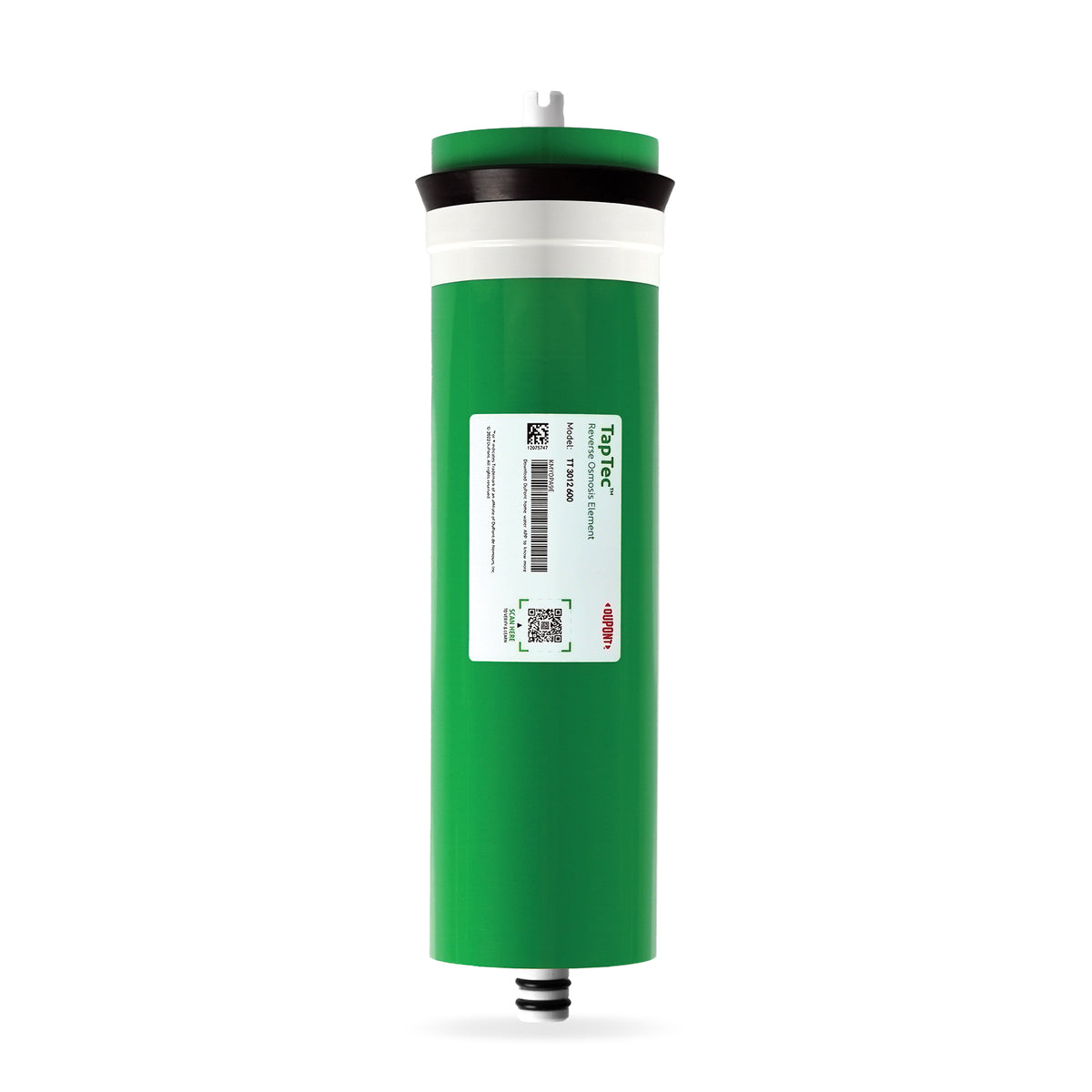 The DuPont TapTec Reverse Osmosis Membrane 700 GPD is a cylindrical green water filter cartridge with a white and black top, product label, and QR code, designed to remove dissolved solids for purified water.