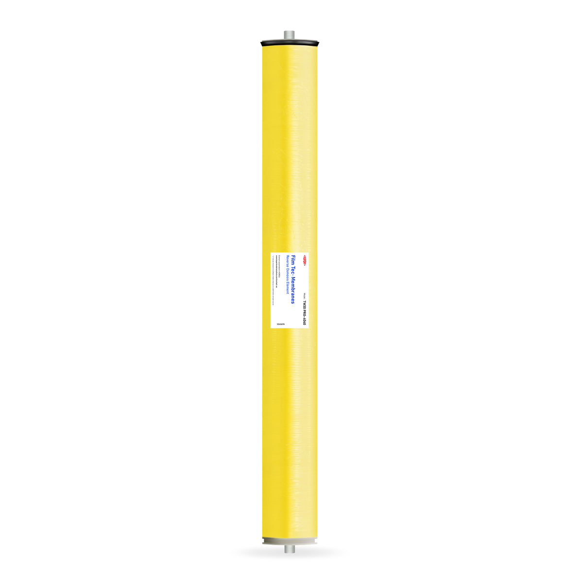 The DuPont FilmTec Commercial Reverse Osmosis Membrane 2600 GPD Tape is a yellow cylindrical filter cartridge with metal end caps and a white center label, engineered for molecular purification in commercial RO systems, shown on a white background.
