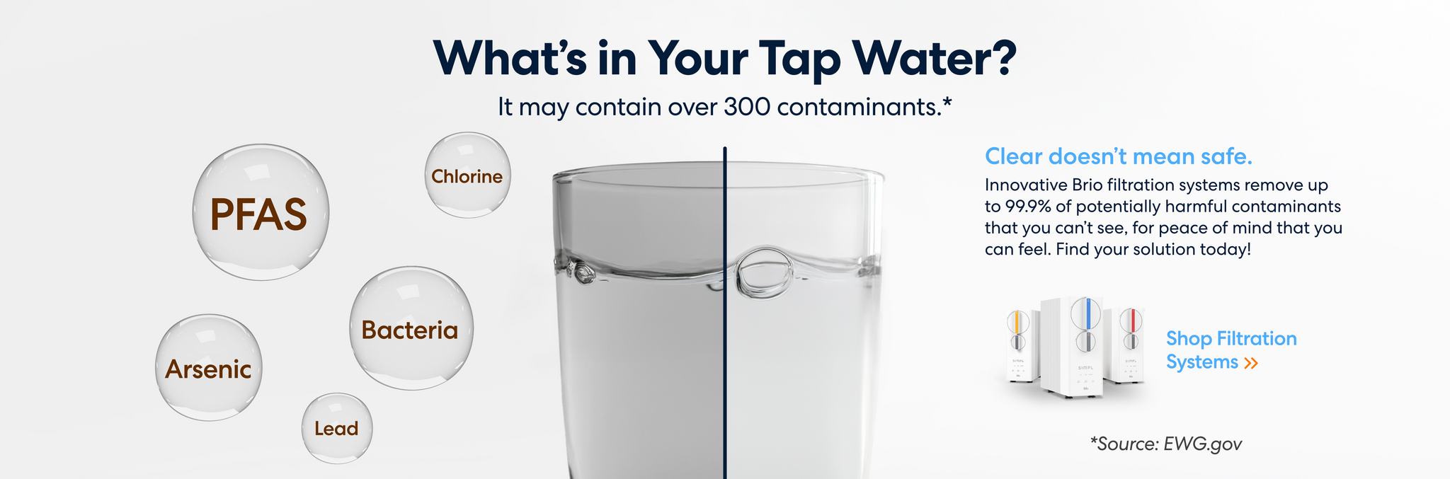 Promotional graphic with the headline 'What’s in Your Tap Water? It may contain over 300 contaminants.' Features labeled water droplets showing PFAS, Chlorine, Arsenic, Bacteria, and Lead next to a glass of water. Text reads 'Clear doesn’t mean safe' and explains that Brio filtration systems remove up to 99.9% of harmful contaminants. Includes a small image of filtration systems and a 'Shop Filtration Systems' link. Source noted as EWG.gov.