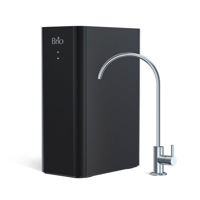The Brio Amphora Ultrafiltration Undersink Filtration System in sleek black features two small indicator lights and is paired with a modern stainless steel faucet with a curved spout and single lever handle.