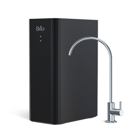 The Brio Amphora Ultrafiltration Undersink Filtration System in sleek black features two small indicator lights and is paired with a modern stainless steel faucet with a curved spout and single lever handle.