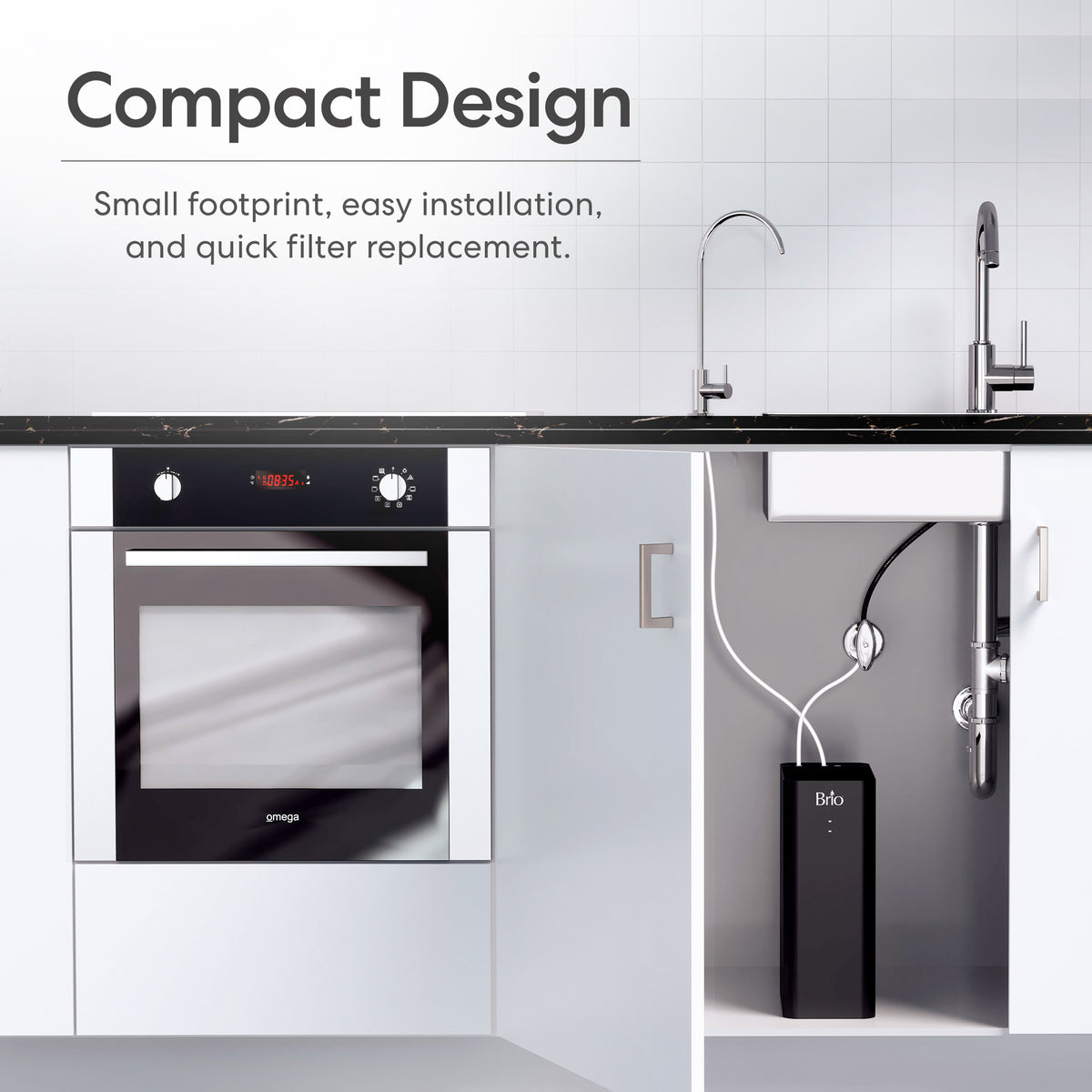 A modern kitchen with a built-in oven and sleek white cabinets. Under the sink, the Ultrafiltration Under Sink Filtration System - Amphora Series is installed. Text: Compact Design—small footprint, easy installation, quick filter replacement.