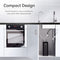A modern kitchen with a built-in oven and sleek white cabinets. Under the sink, the Ultrafiltration Under Sink Filtration System - Amphora Series is installed. Text: Compact Design—small footprint, easy installation, quick filter replacement.