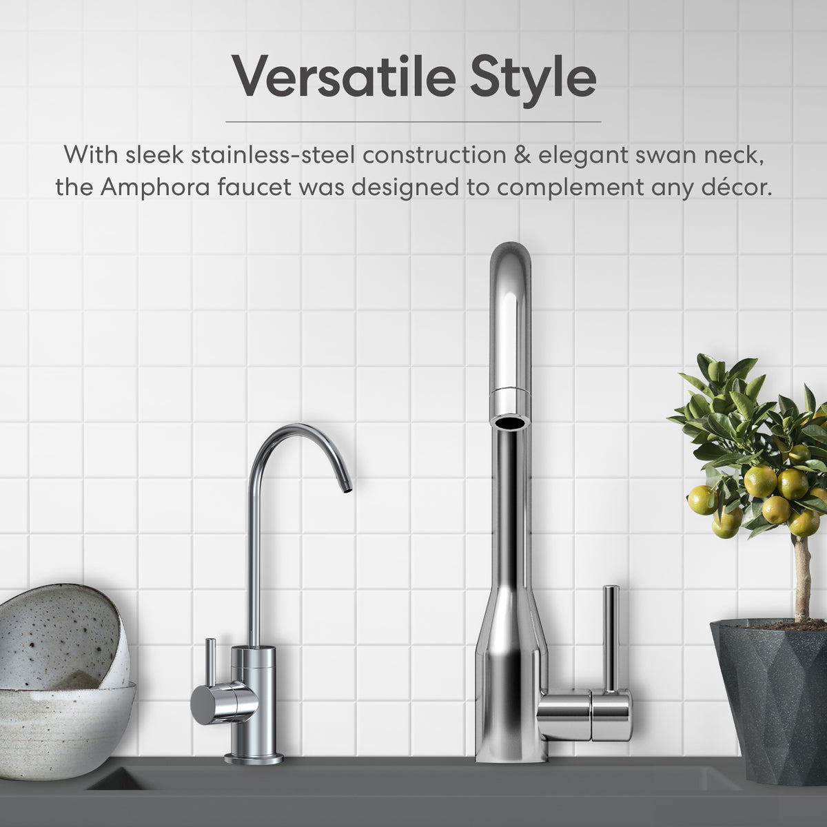 A modern kitchen sink with two stainless-steel faucets in front of a white tiled wall, decorative bowls left, and a lemon potted plant right. Above, text features the Amphora Series Ultrafiltration Under Sink Filtration System’s style and 3-in-1 filter.