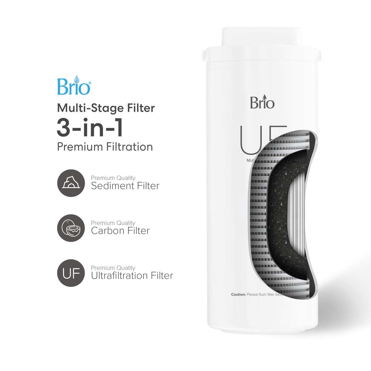 The Ultrafiltration Under Sink Filtration System - Amphora Series is shown with a cutaway view revealing sediment, carbon, and ultrafiltration filter layers in this clean, modern undersink filtration system.