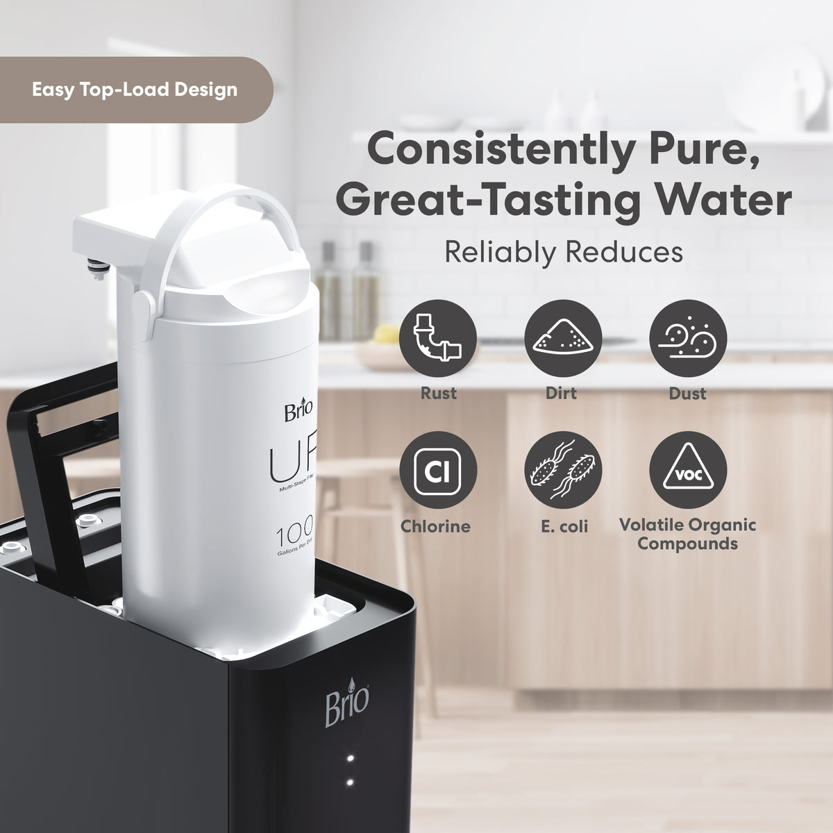 The Ultrafiltration Under Sink Filtration System - Amphora Series sits on a kitchen counter with its lid open, showcasing its 3-in-1 filter that reduces rust, dirt, dust, chlorine, E. coli, and volatile organic compounds.