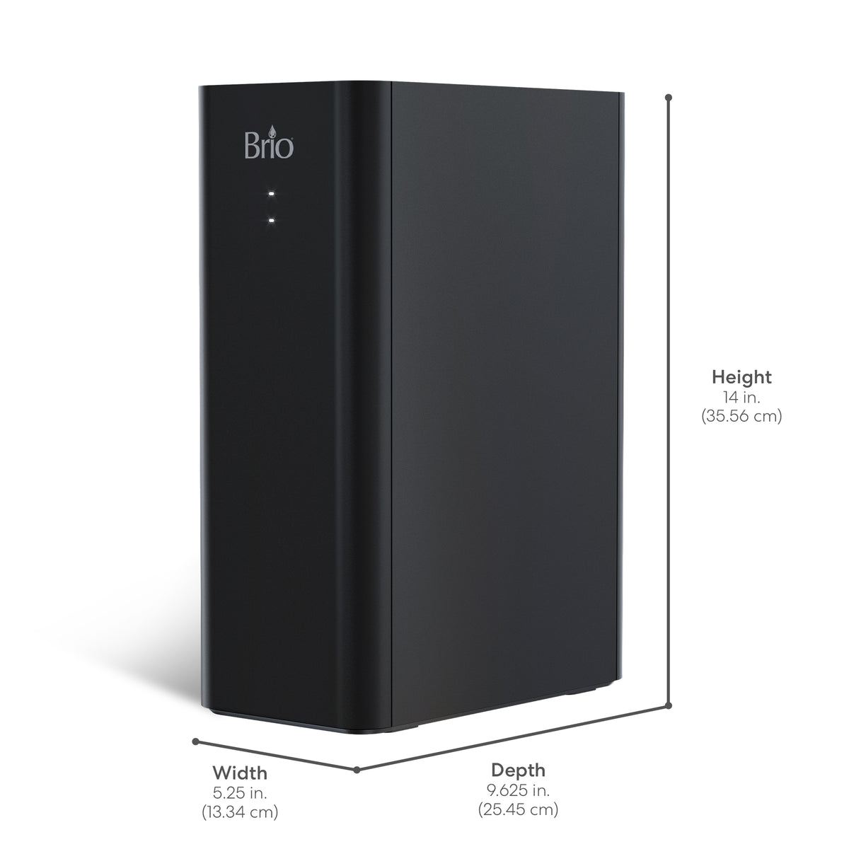 The Ultrafiltration Under Sink Filtration System - Amphora Series is shown in black, rectangular form with dimensions: 14" (35.56 cm) high, 5.25" (13.34 cm) wide, and 9.625" (25.45 cm) deep; two indicator lights are on the front.
