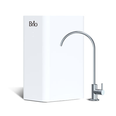 The Brio Amphora Ultrafiltration Undersink Filtration System features a modern white rectangular unit with a curved stainless steel faucet on the right, shown against a plain white background.
