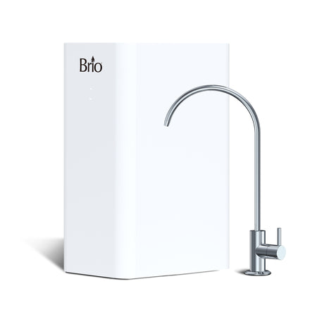 The Brio Amphora Ultrafiltration Undersink Filtration System features a modern white rectangular unit with a curved stainless steel faucet on the right, shown against a plain white background.