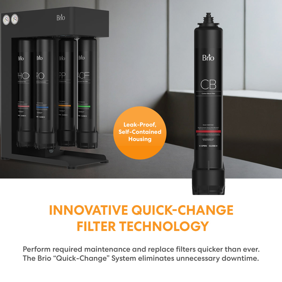 Four black filters from the Brio 1000 Quick Change Reverse Osmosis System are installed in the machine, with one filter removed and displayed in front. Text emphasizes their leak-proof, self-contained housing and innovative quick-change technology for easier maintenance and minimal downtime—making them ideal for any commercial water filtration or reverse osmosis application.