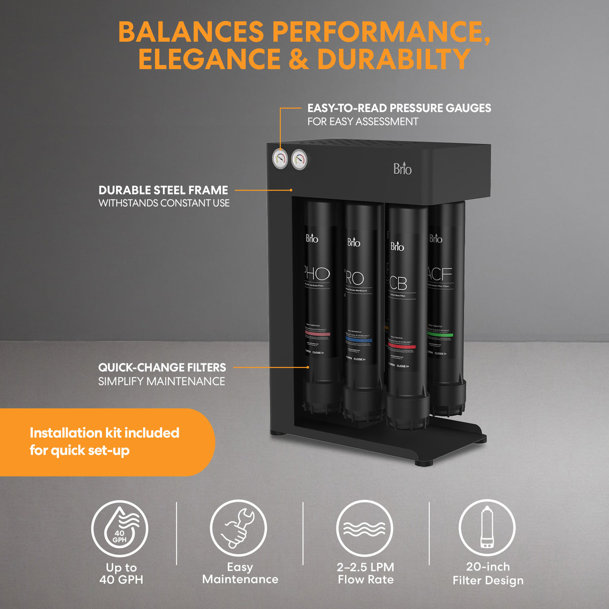 Introducing the Brio 1000 Quick Change Reverse Osmosis System: a commercial-grade water filter system in black, featuring four clearly labeled filter tubes, dual pressure gauges, and intuitive icons highlighting key features such as easy maintenance and a 20-inch filter design. Informational text details the benefits of the quick-change filters for hassle-free replacement and notes that an installation kit is included.