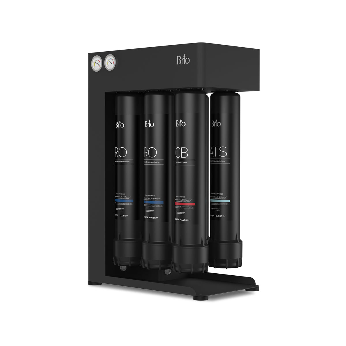 The Brio 2000 Quick Change Reverse Osmosis System, shown on a white background, features a sleek black commercial design with four clearly labeled vertical filter cartridges that utilize advanced RO filtration technology. Two pressure gauges are positioned on the top left, and its quick change filters are designed for convenient, hassle-free maintenance in any environment.
