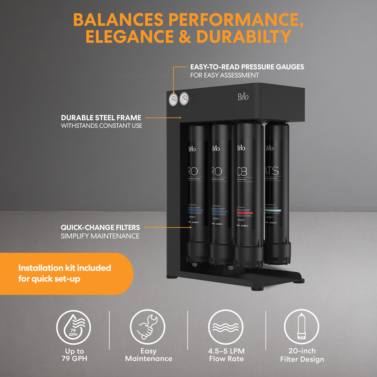 The Brio 2000 Quick Change Reverse Osmosis System is a black commercial water filter featuring a durable steel frame, easy-to-read pressure gauges, quick-change filters, and an included installation kit. Icons call out its high flow rate, easy maintenance, and 20-inch filter design—making it ideal for businesses that need efficient RO filtration performance.