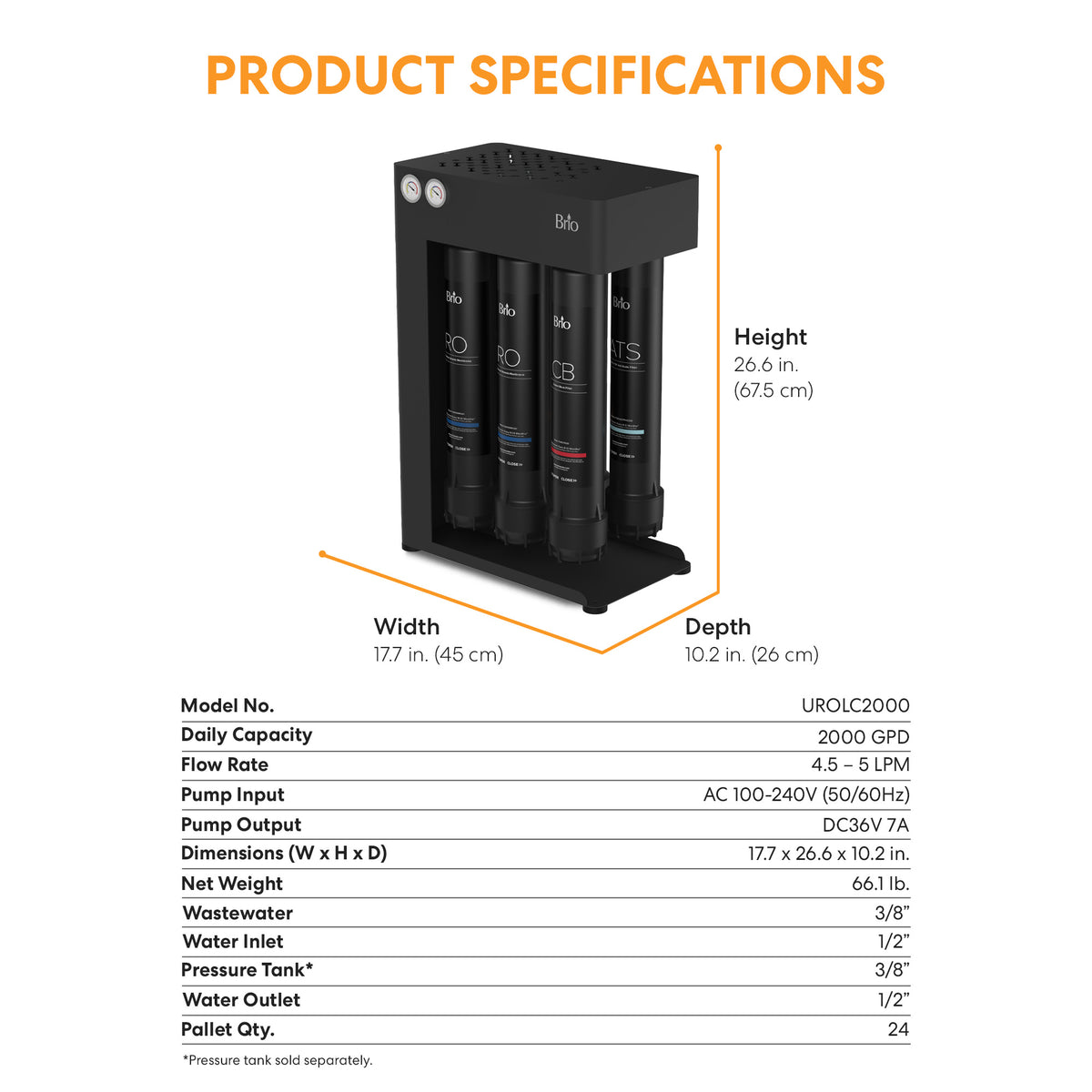 A Brio 2000 Quick Change Reverse Osmosis System in black is displayed, featuring four labeled quick change filters. Dimensions, capacities, and specifications are shown beside and below the unit on a white background, with “Product Specifications” highlighted in orange at the top.