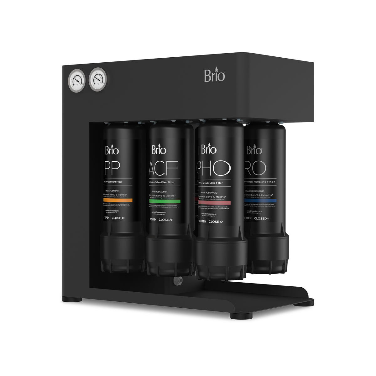 The Brio 500 Quick Change Reverse Osmosis System showcases four clearly labeled quick-change filter cartridges, a modern black casing, dual pressure gauges positioned at the top left, and a solid base—all displayed against a clean white background.